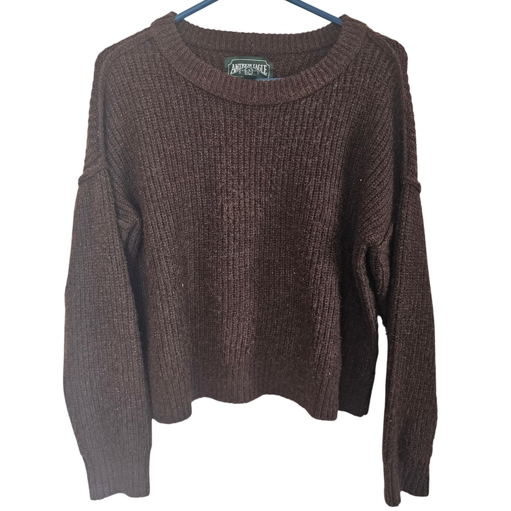 American Eagle Brown Ribbed Knit Crewneck Sweater Mens Medium M Relaxed Fit